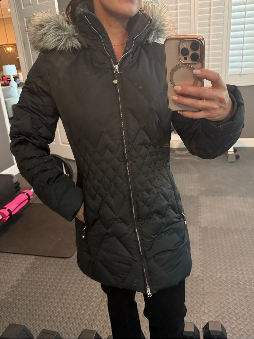 Eddie Bauer Black Quilted Hooded Puffer with Faux Fur Trim